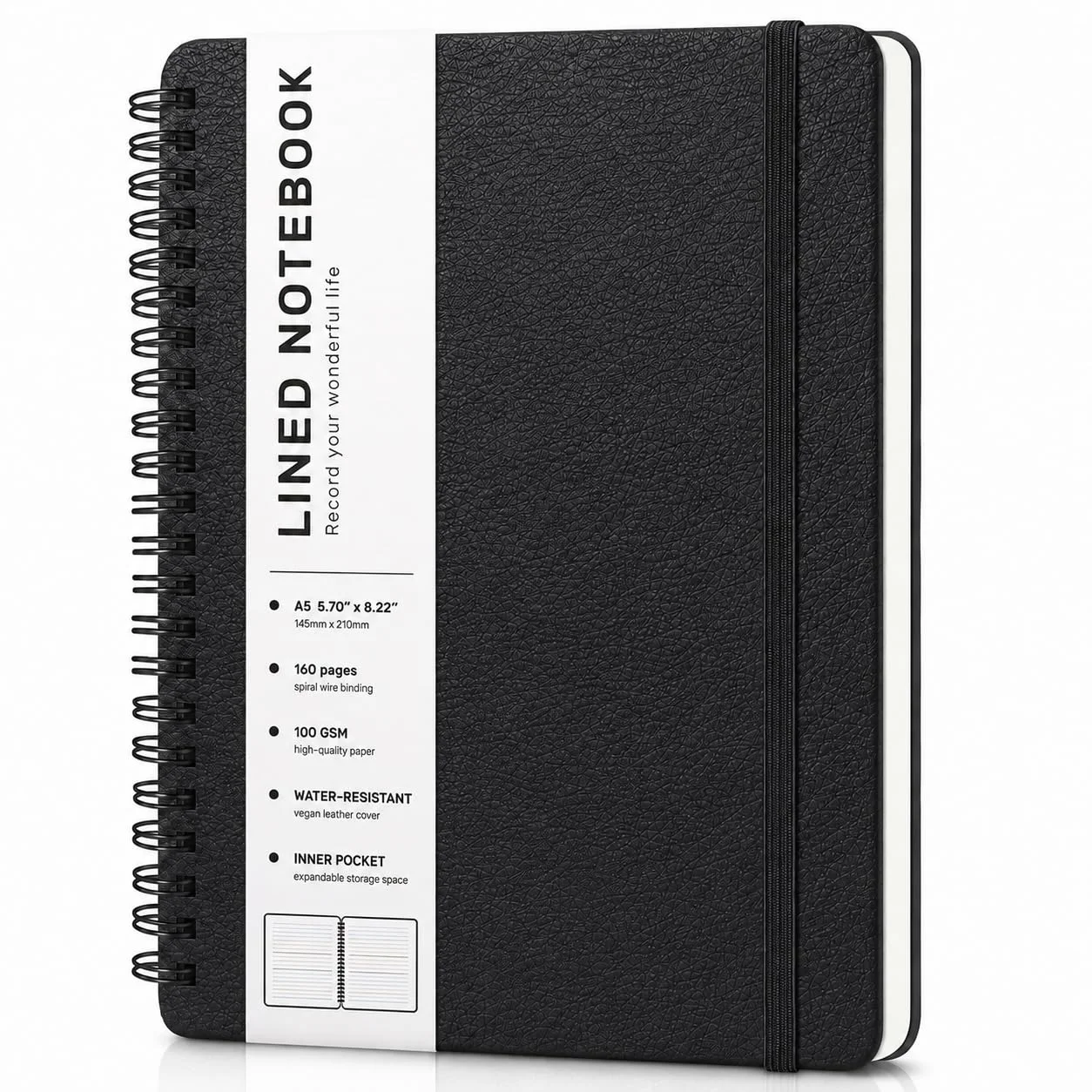A5 Lined Hardcover Leather Spiral Notebook
